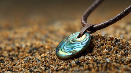 Ocean inspired abalone shell pendant leather cord boho beach necklace iridescent blue green tones natural handmade accessory close up on sand background organic fashion jewelry