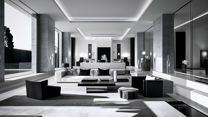 black and white interior of a spacious, modern minimalist luxury living room with contemporary furniture and sophisticated lighting, representing an elegant and expensive lifestyle