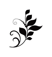 Black and white floral design featuring leaves, swirls, and dots, creating an elegant, stylized botanical element.