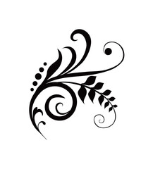 A stylized black floral design featuring swirls, leaves, and dots.