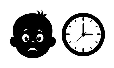Fototapeta premium A worried babys face next to a clock, symbolizing time anxiety