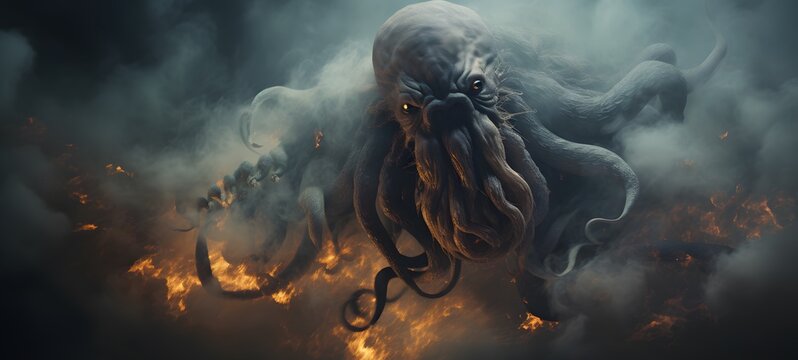 a light Kraken kingkong , coming out of the smoke ai generatif