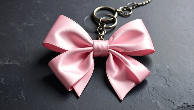 Pink satin ribbon bow key chain on dark stone