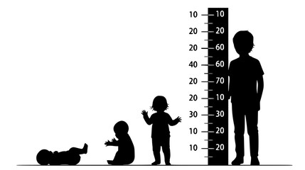 Children at different growth stages measured against a height chart