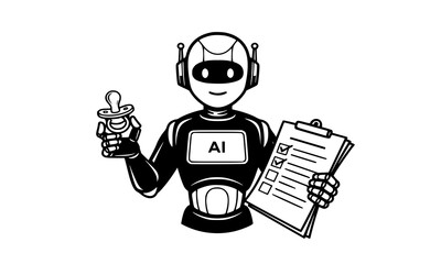 Smiling robot holding a pacifier and a checklist, symbolizing ai childcare