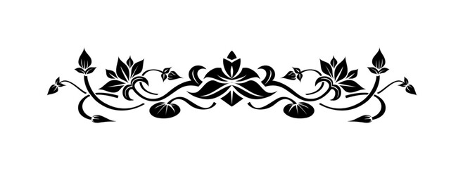 Ornate floral design with stylized leaves and buds in black on a white background.