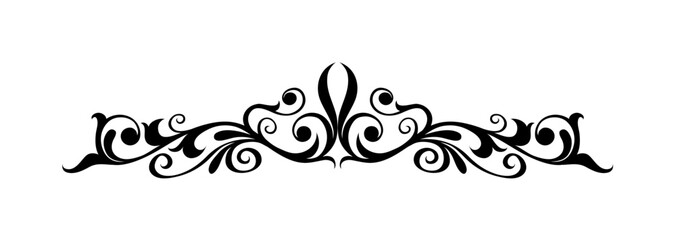 Ornate black scrollwork design element with symmetrical flourishes and a central stylized fleur-de-lis shape. © Bushcraft