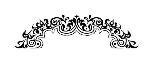 Ornate black and white decorative element with swirls, curves, and floral-like details forming an arch shape.
