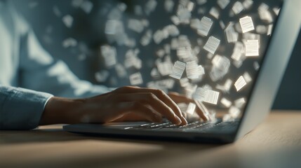 Close-up of hands typing on a modern laptop with glowing digital documents flowing from the screen interface, concept for digital business transformation, secure information flow and remote cloud