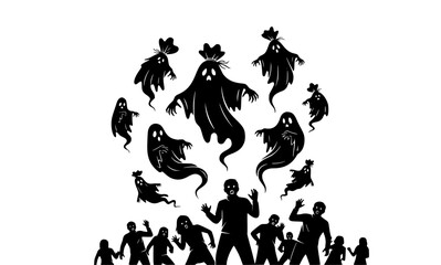 Ghosts surrounding people on a white background, halloween illustration