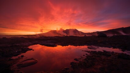 Fototapeta premium Fiery Sunset Over Volcanic Peaks Reflects in Still Water