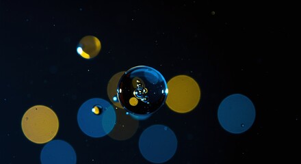 Abstract Blue and Yellow Bubbles Floating in Dark Space with Light Effects