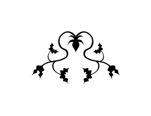 A symmetrical black floral design featuring stylized leaves and a central element.