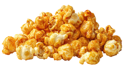 Crispy caramel popcorn, golden sweet glaze detail, isolated on tranparent background 