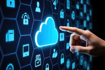 Finger touching glowing cloud interface with digital icons