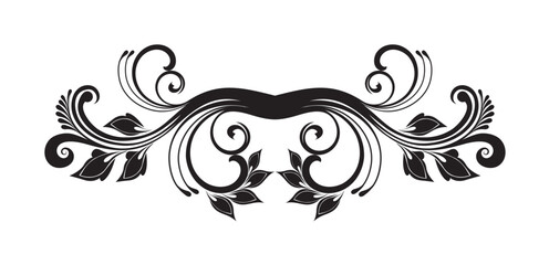Symmetrical floral design element with swirling lines and leaves in black on a white background.