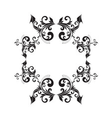 Elegant black and white floral frame, symmetrical design, ornate swirls, decorative border, vintage style.
