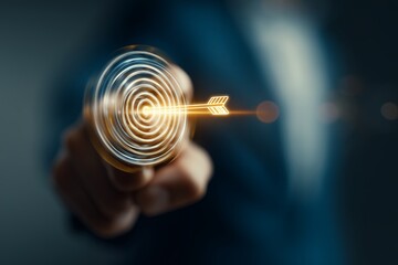 Close up of human finger interacting with abstract glowing target graphic struck precisely by a golden digital arrow, concept for visualizing strategic focus, attaining key business objectives, and
