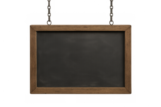 Blank blackboard suspended by chains, ready for personalized messaging against transparent setting