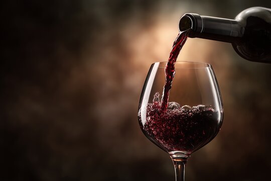 Red wine liquid gracefully pouring from dark glass bottle into goblet stemware against warm bokeh backdrop, concept for beverage advertising, upscale restaurant menu presentation, and editorial