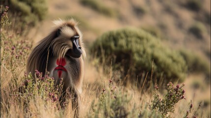 A baboon in a dry, grassy landscape