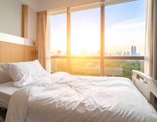 Fototapeta premium A neatly made, empty hospital bed, positioned next to a large, open window. Through the window, the sun is just beginning to rise, casting a warm, golden light across the room.