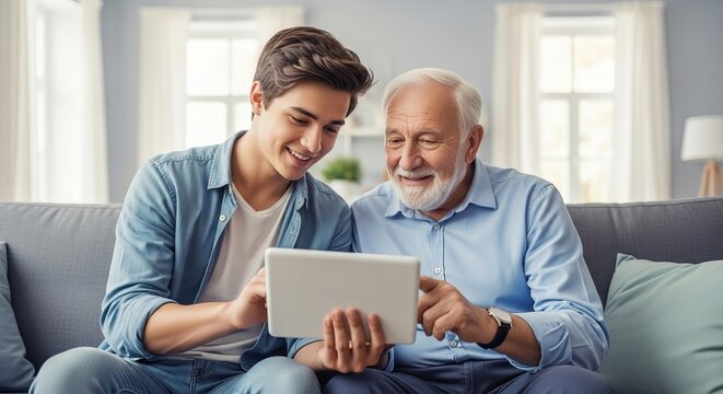 Young man and elderly man sharing digital device in living room