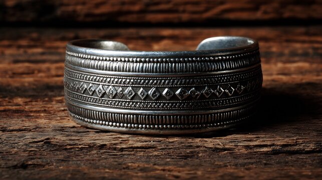 Pakistani Pathani silver cuff bracelet tribal motifs and embossed designs macro photo on rustic wood ethnic heritage jewelry