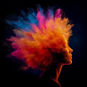 colorful explosion from a human head silhouette visualizing a burst of creativity