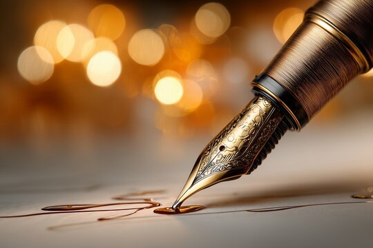 Detailed macro shot of elegant golden fountain pen writing dark ink line on fine textured paper bokeh, concept for writing inspiration artistic creation and elegant communication materials