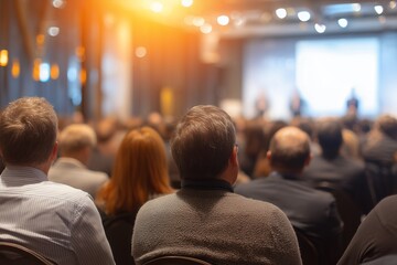 Rear view of audience attentively watching presentation on brightly lit stage with screen and speakers, Concept for professional development training, educational lecture events, and corporate