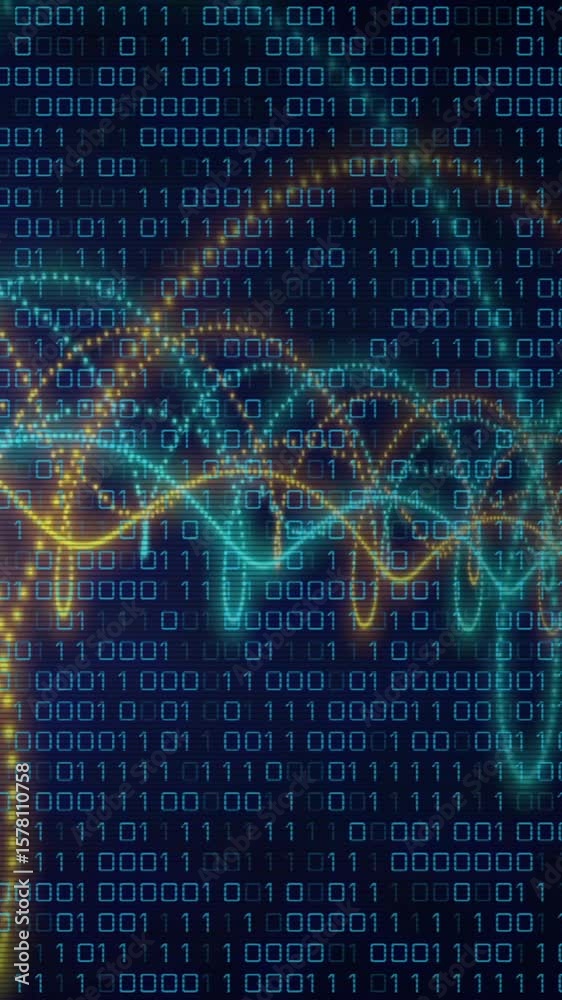 Poster dna strand and binary coding, scientific data processing animation