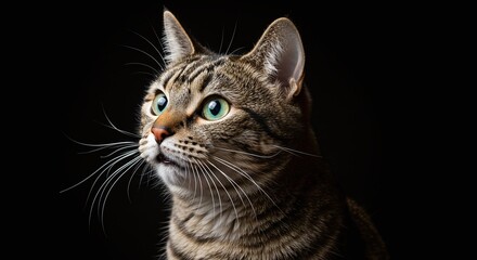 Obraz premium Elegant Tabby Cat with Green Eyes Looking Up on Black Background