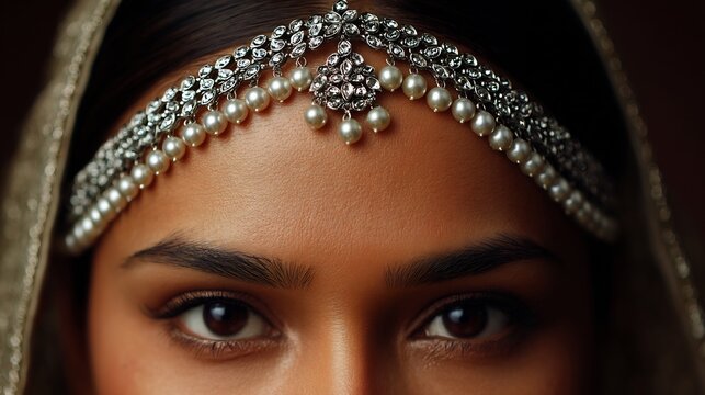 Pearl studded matha patti headpiece worn across forehead macro bridal detail dupatta background Pakistani cultural accessory