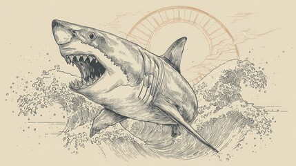 Great white shark in a dramatic wave