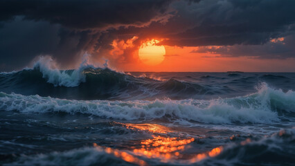 Fototapeta premium Majestic ocean waves crashing at sunset under a dramatic cloudy sky