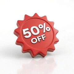 A red starburst shaped badge with the words fifty percent off in white on a white reflective surface