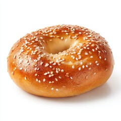Freshly Baked Sesame Bagel on White Background, Close-up Studio Shot of Golden Brown Breakfast Food, Perfect for Morning Meal or Snack