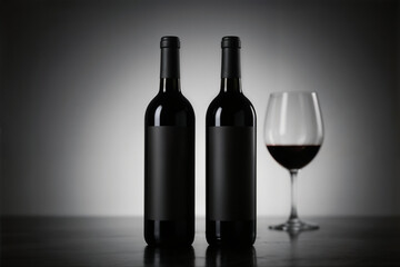 Two elegant dark wine bottles with blank labels and wine glass