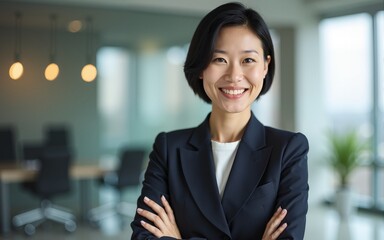 A portrait headshot photo of a friendly professional CEO executive business worker: A smiling Asian businesswoman with short dark hair confidently poses with her arms crossed in a modern office l