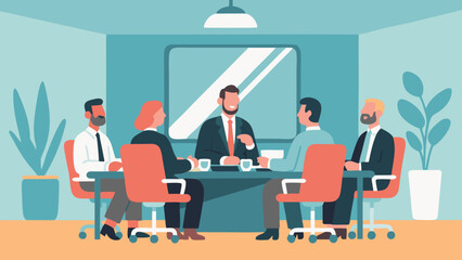 Business meeting illustration with diverse professionals around table