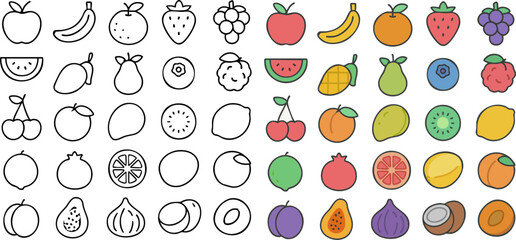 Colorful Fruit Icons Apple Banana Strawberry Grapes Watermelon Mango Pear Blueberry