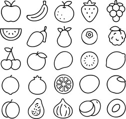 Collection of Line Art Fruit Icons Apples Bananas Oranges Strawberries Grapes and More