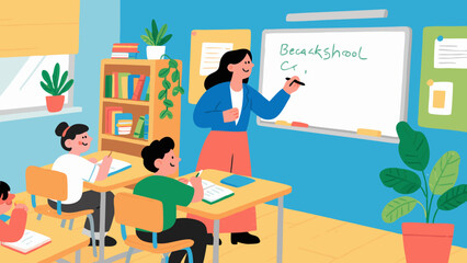 Classroom scene with teacher writing on whiteboard and students learning