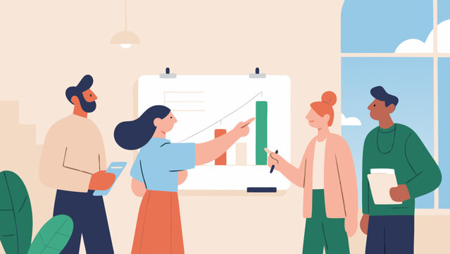 Business team analyzes growth chart in meeting with positive collaboration