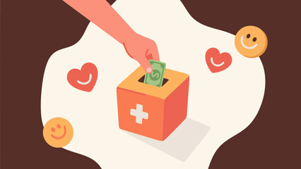 Hand putting money into a donation box with smile and heart icons around