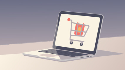 Laptop displaying shopping cart illustration for online retail concept