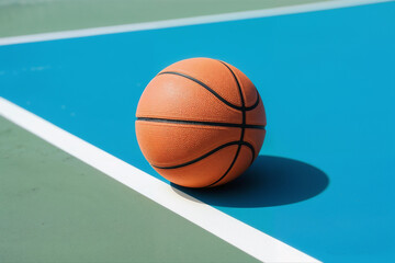 Fototapeta premium Bright Orange Basketball on Blue and Green Outdoor Court