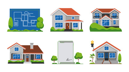 Real estate process illustrations showcasing home blueprint and contract