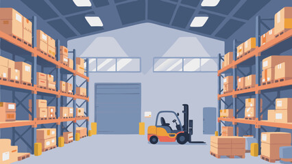 Warehouse interior with forklift and shelves full of boxes illustration